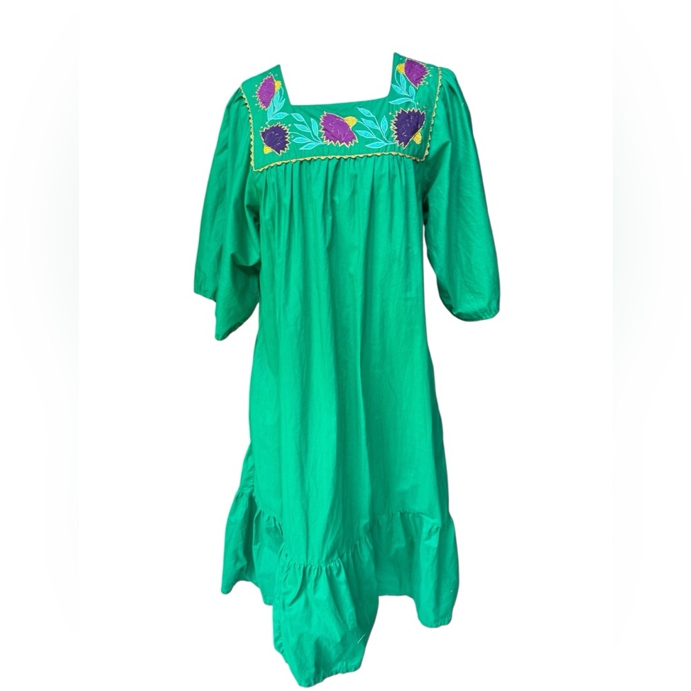 1970s Sandy Starkman Colorful Floral Embroidered‎ 100% Cotton Muumuu